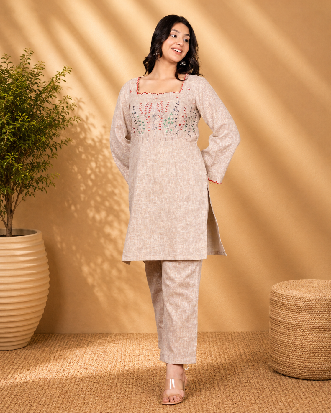 Beige Linen Blend Kurta Set with Floral Motif Embroidery