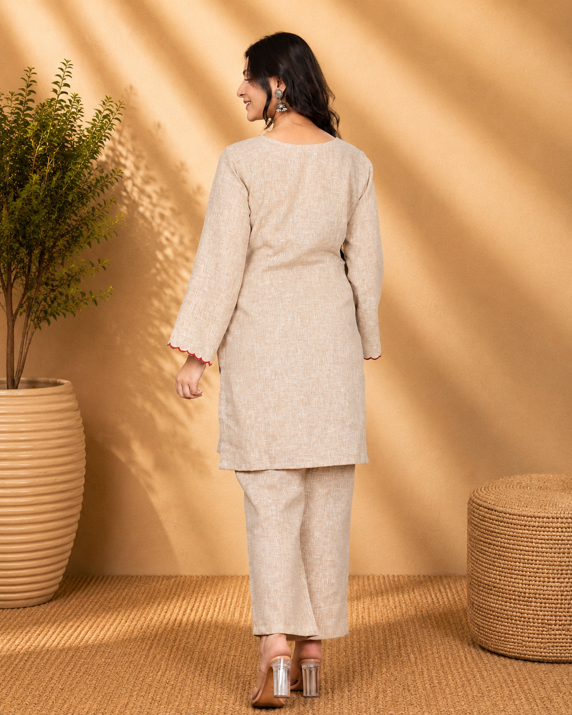 Beige Linen Blend Kurta Set with Floral Motif Embroidery