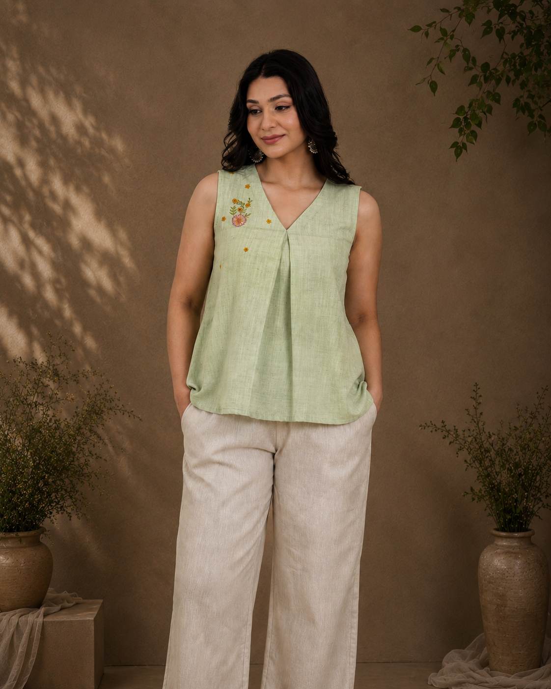Pista Green Handwoven Khadi Pleated Top with Minimal Embroidery