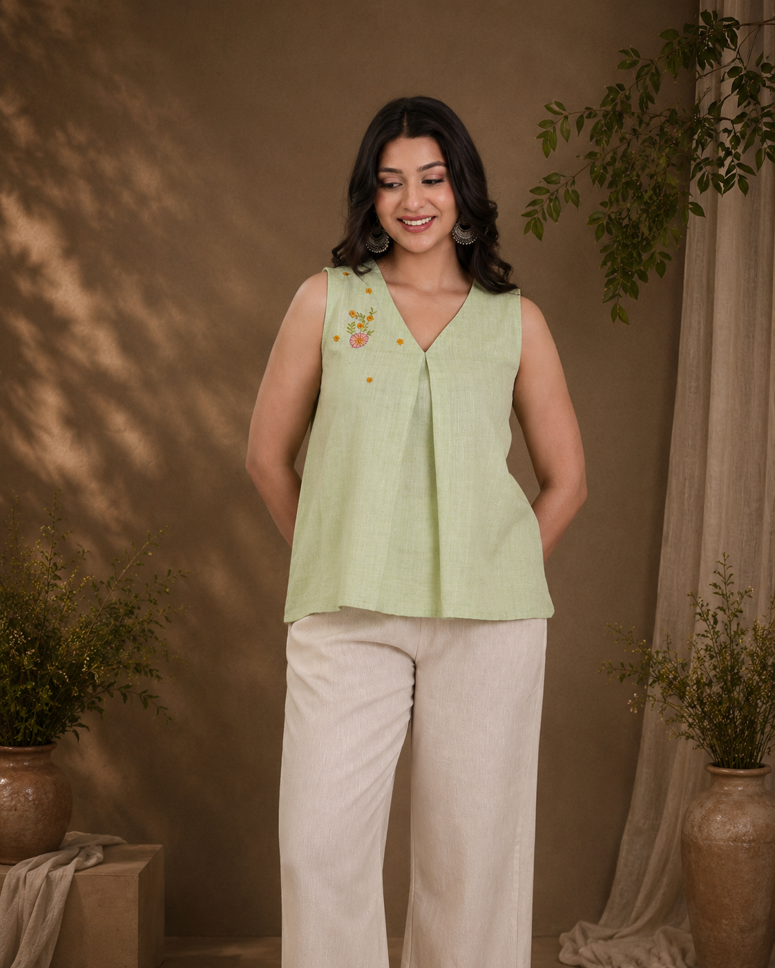 Pista Green Handwoven Khadi Pleated Top with Minimal Embroidery