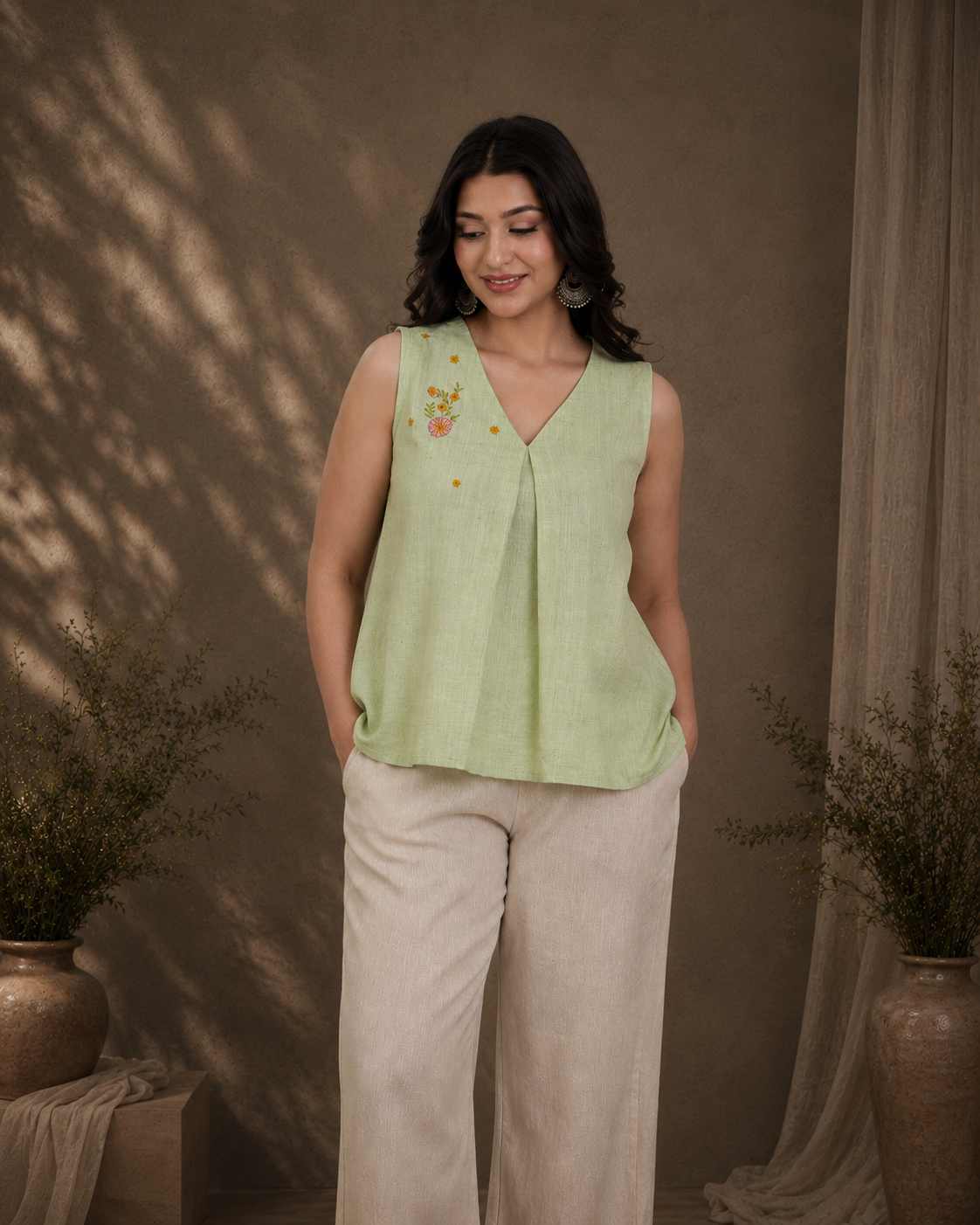 Pista Green Handwoven Khadi Pleated Top with Minimal Embroidery