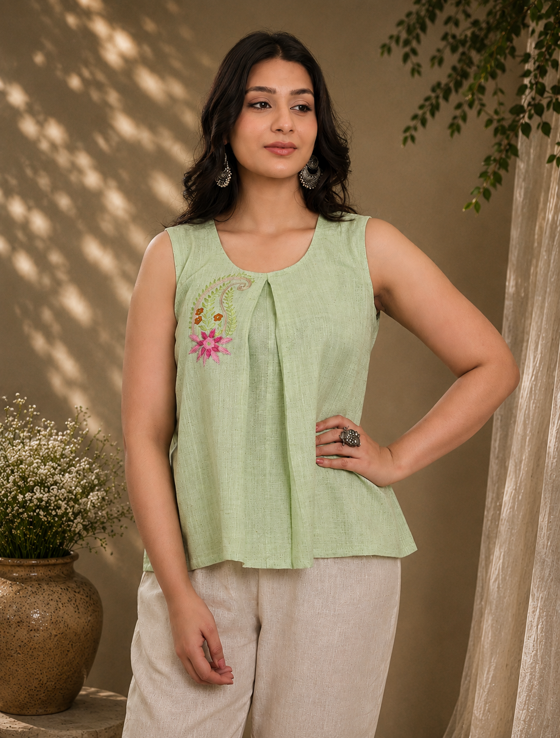 Pista Green Handwoven Khadi Top Set with Tonal Embroidery