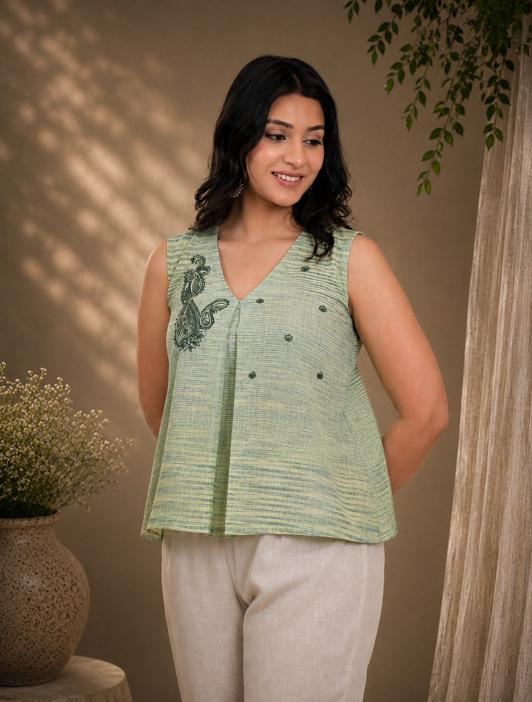 Pista Green Handwoven Khadi Pleated Top with Paisley Tonal Embroidery