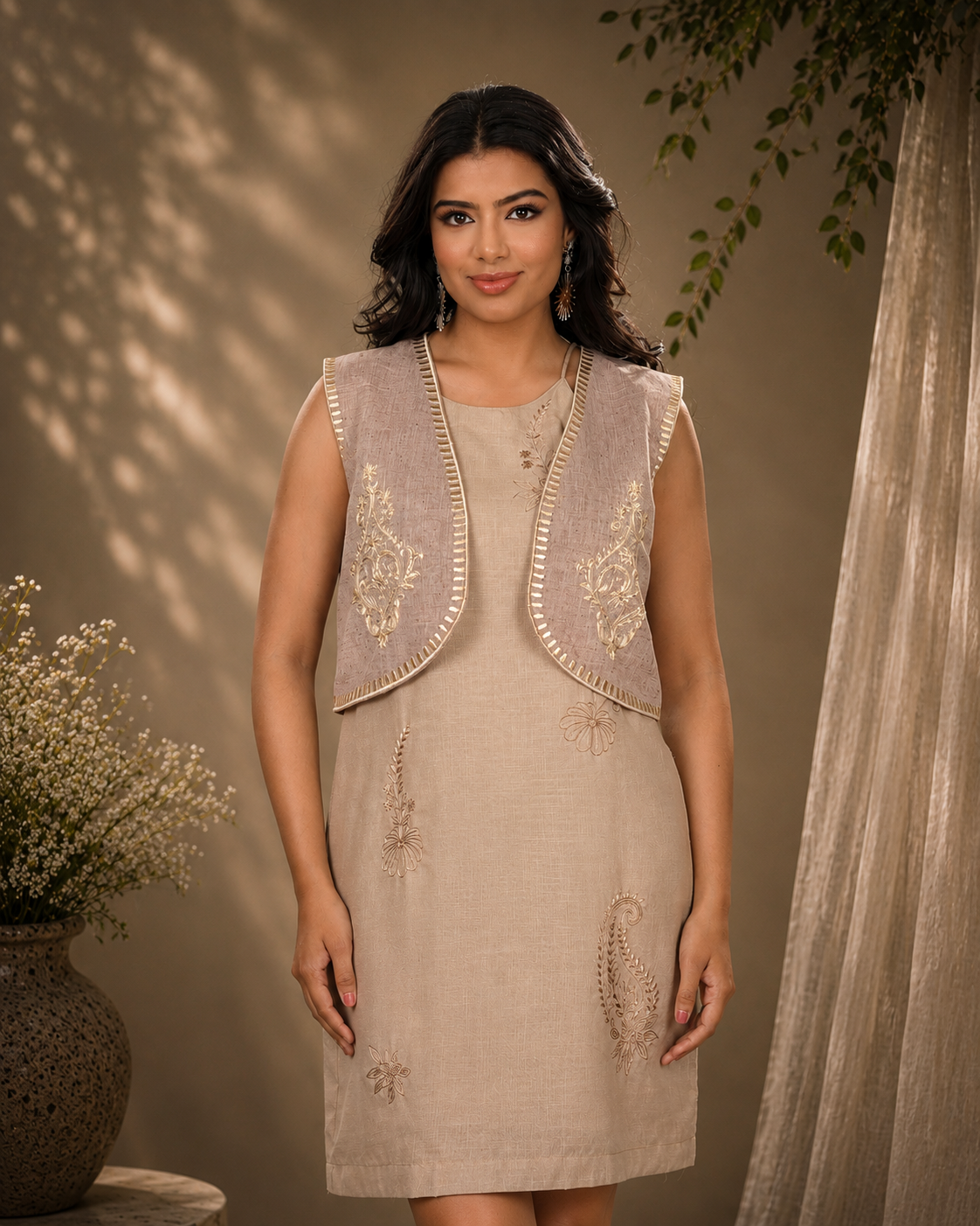 Beige Linen Blend Short Overlay Jacket with Hand Embroidery