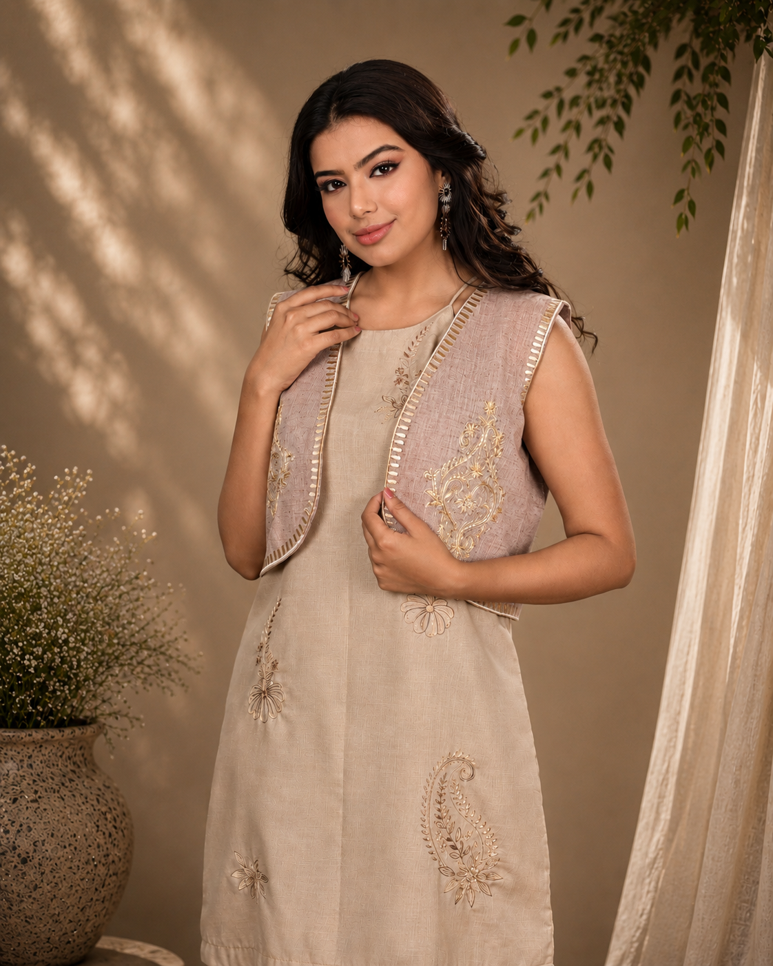 Beige Linen Blend Short Overlay Jacket with Hand Embroidery