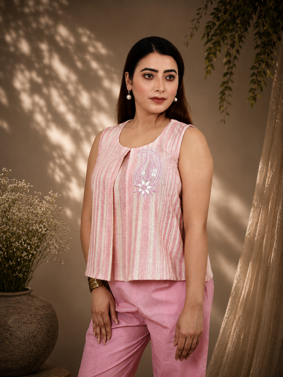 Pink Striped Khadi Pleated Top with Paisley Embroidery