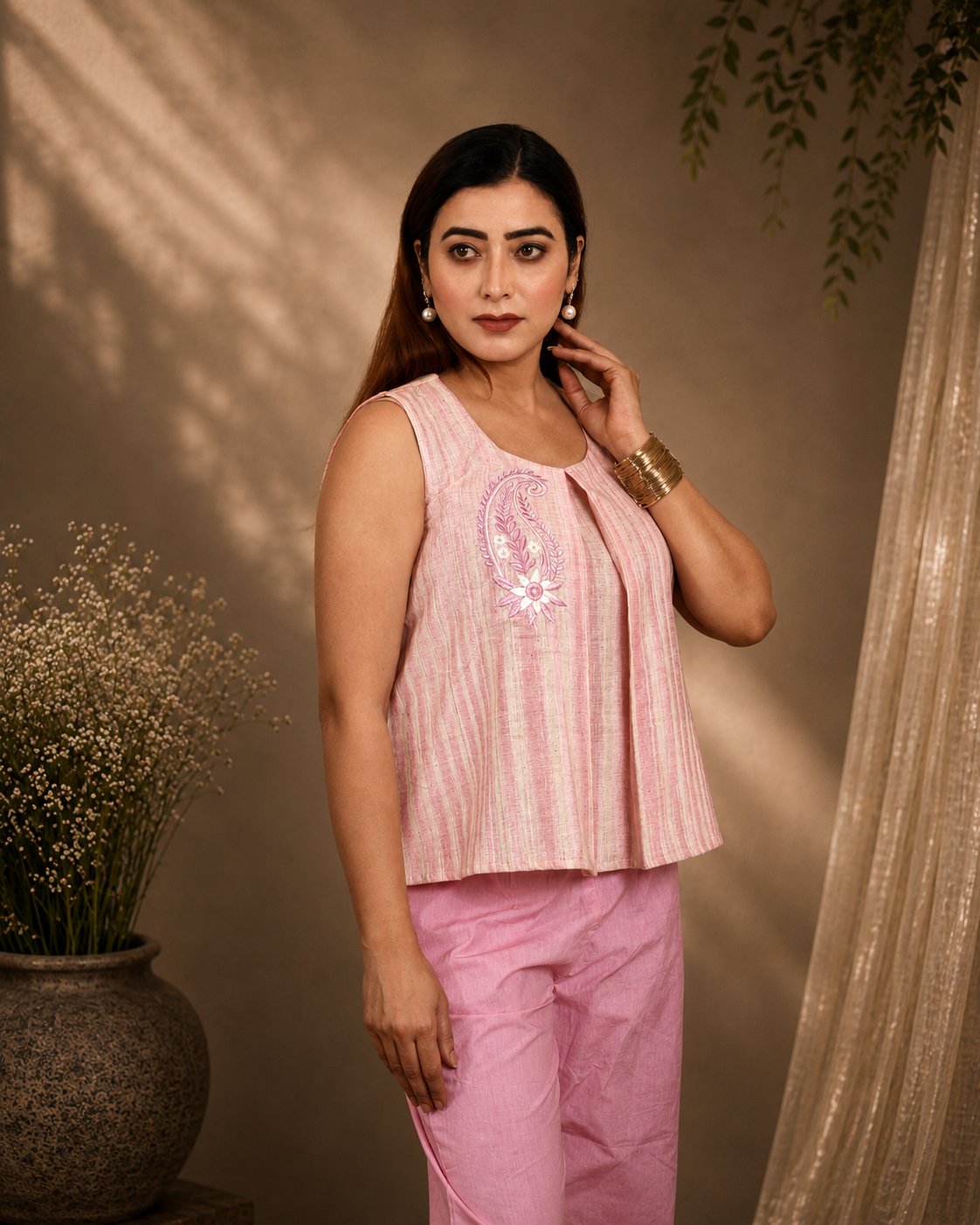 Pink Striped Khadi Pleated Top with Paisley Embroidery