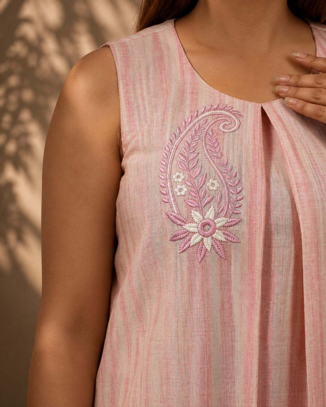 Pink Striped Khadi Pleated Top with Paisley Embroidery
