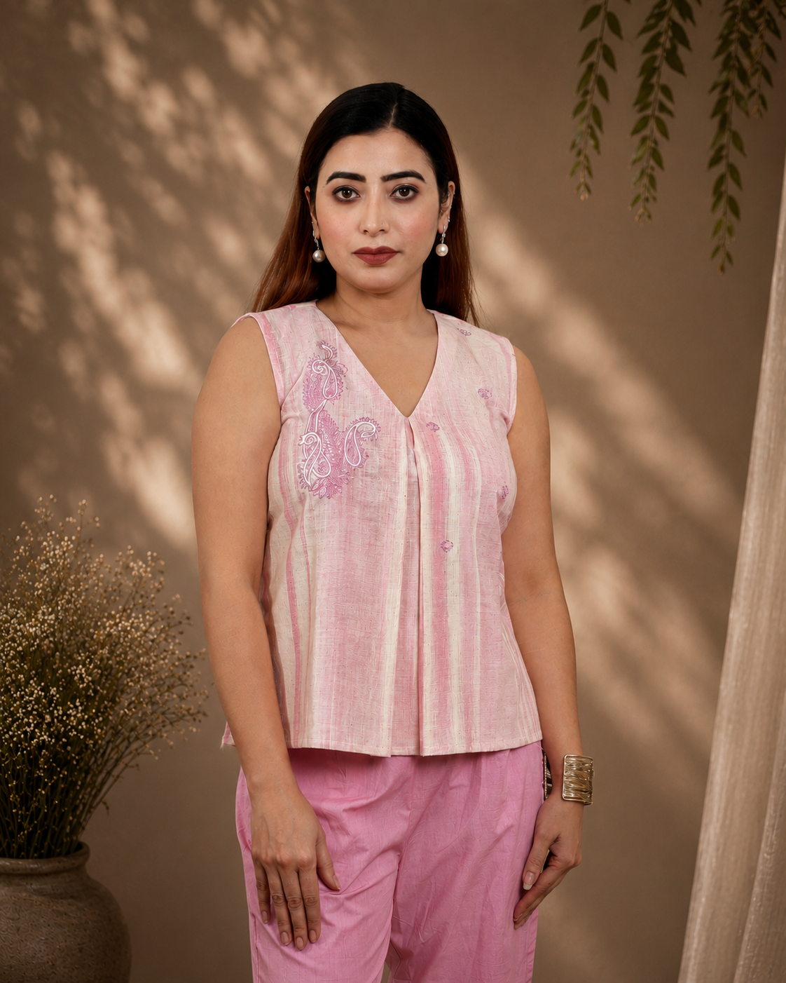 Pink Khadi Pleated Top with Minimal Embroidery