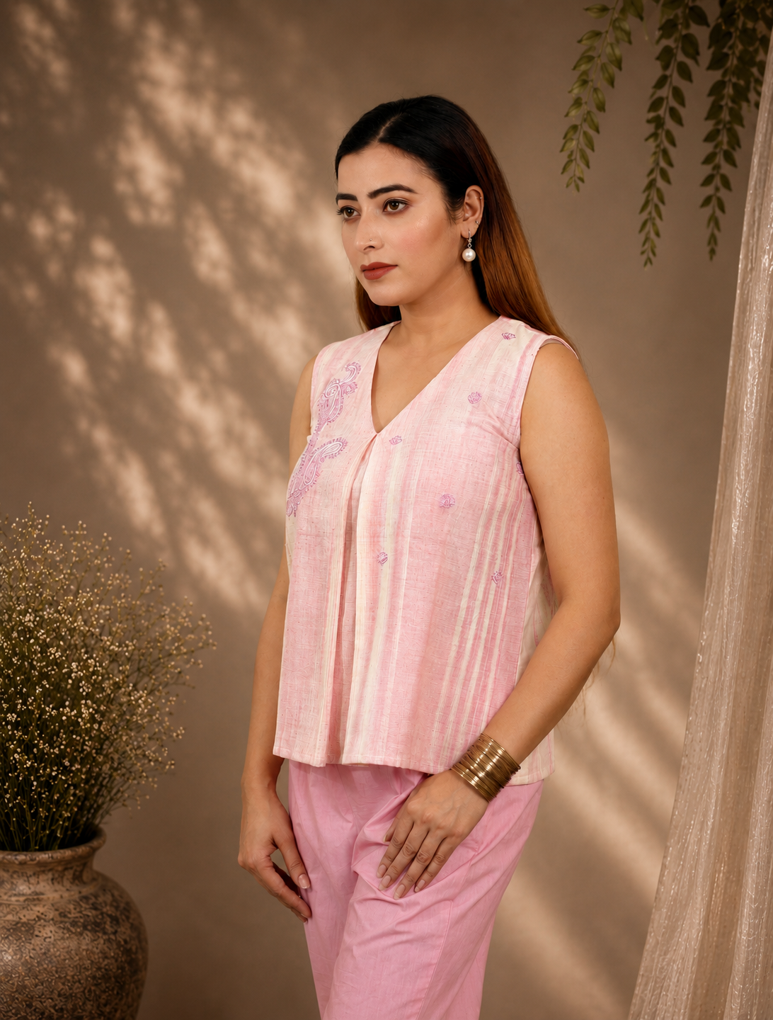 Pink Khadi Pleated Top with Minimal Embroidery