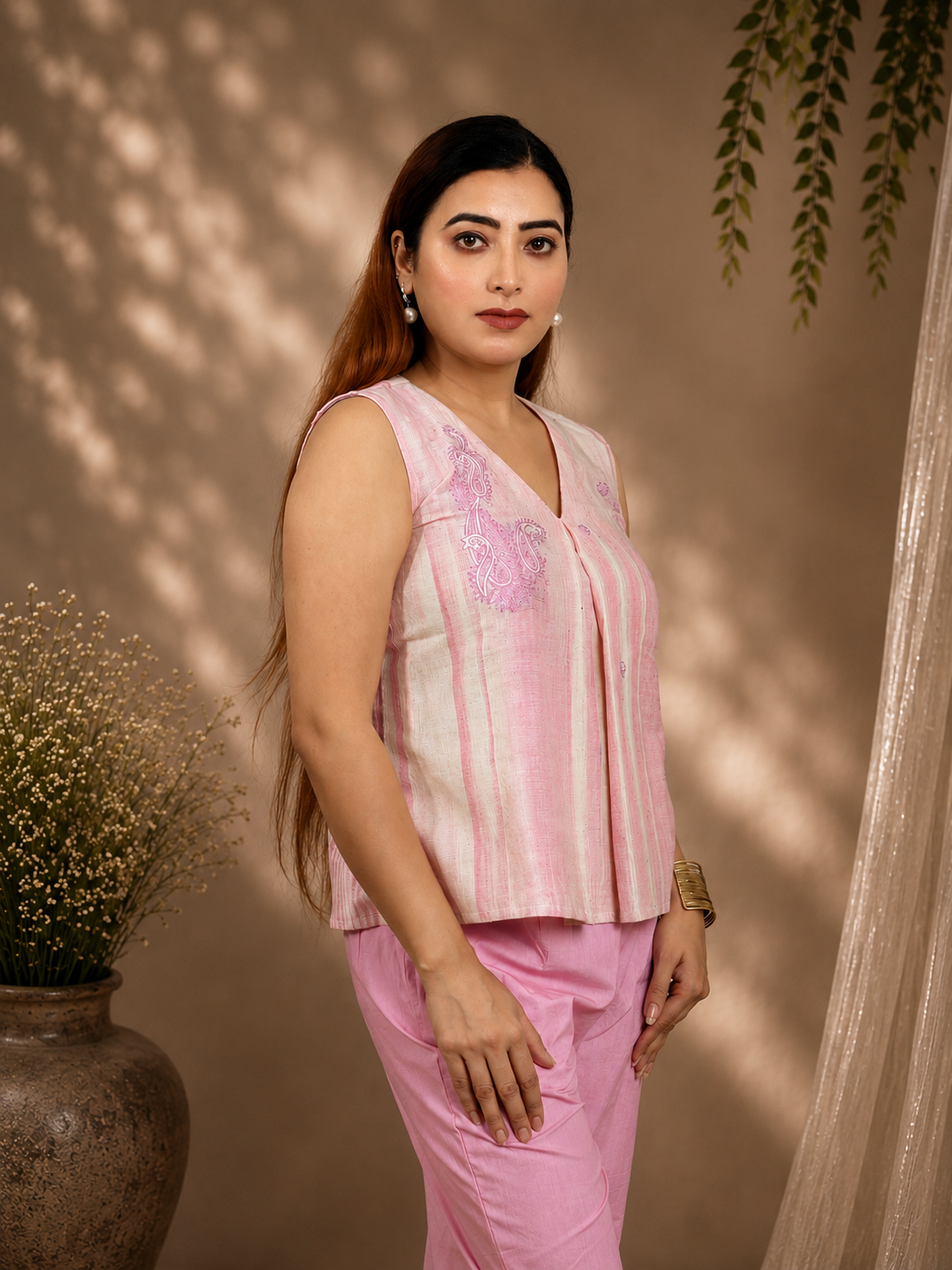 Pink Khadi Pleated Top with Minimal Embroidery