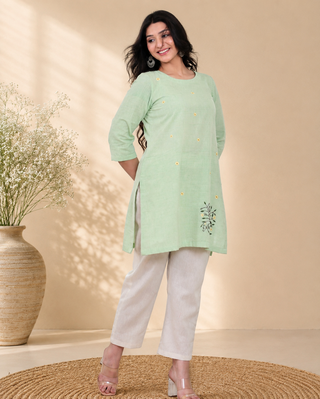 Pista Green Handwoven Khadi Tunic Dress with Minimal Embroidery
