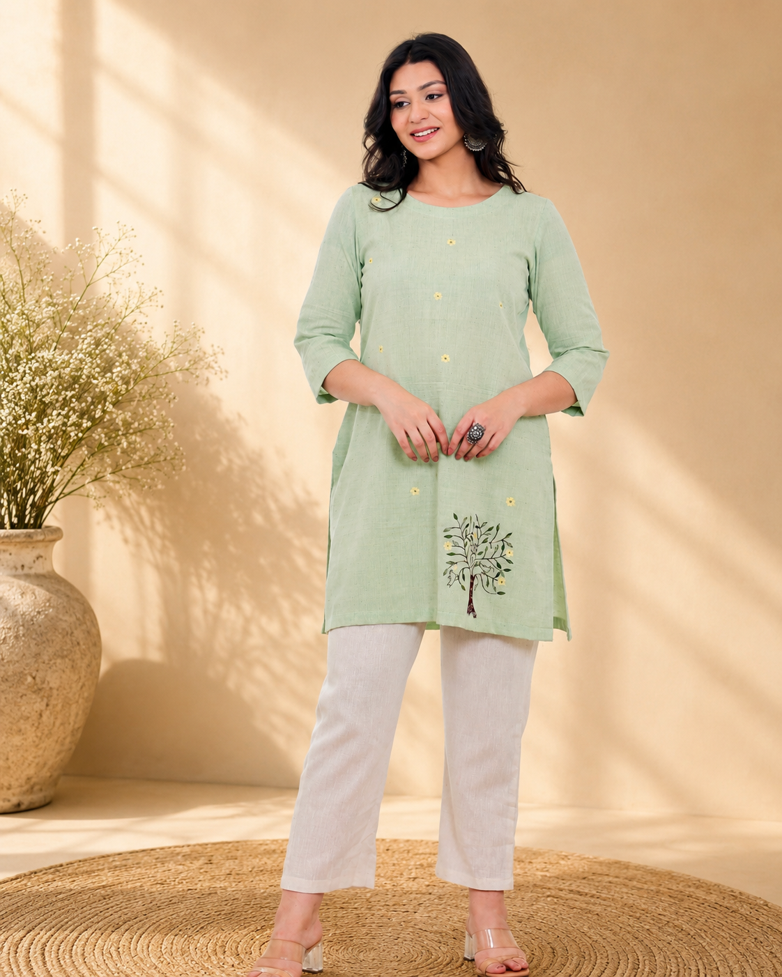 Pista Green Handwoven Khadi Tunic Dress with Minimal Embroidery