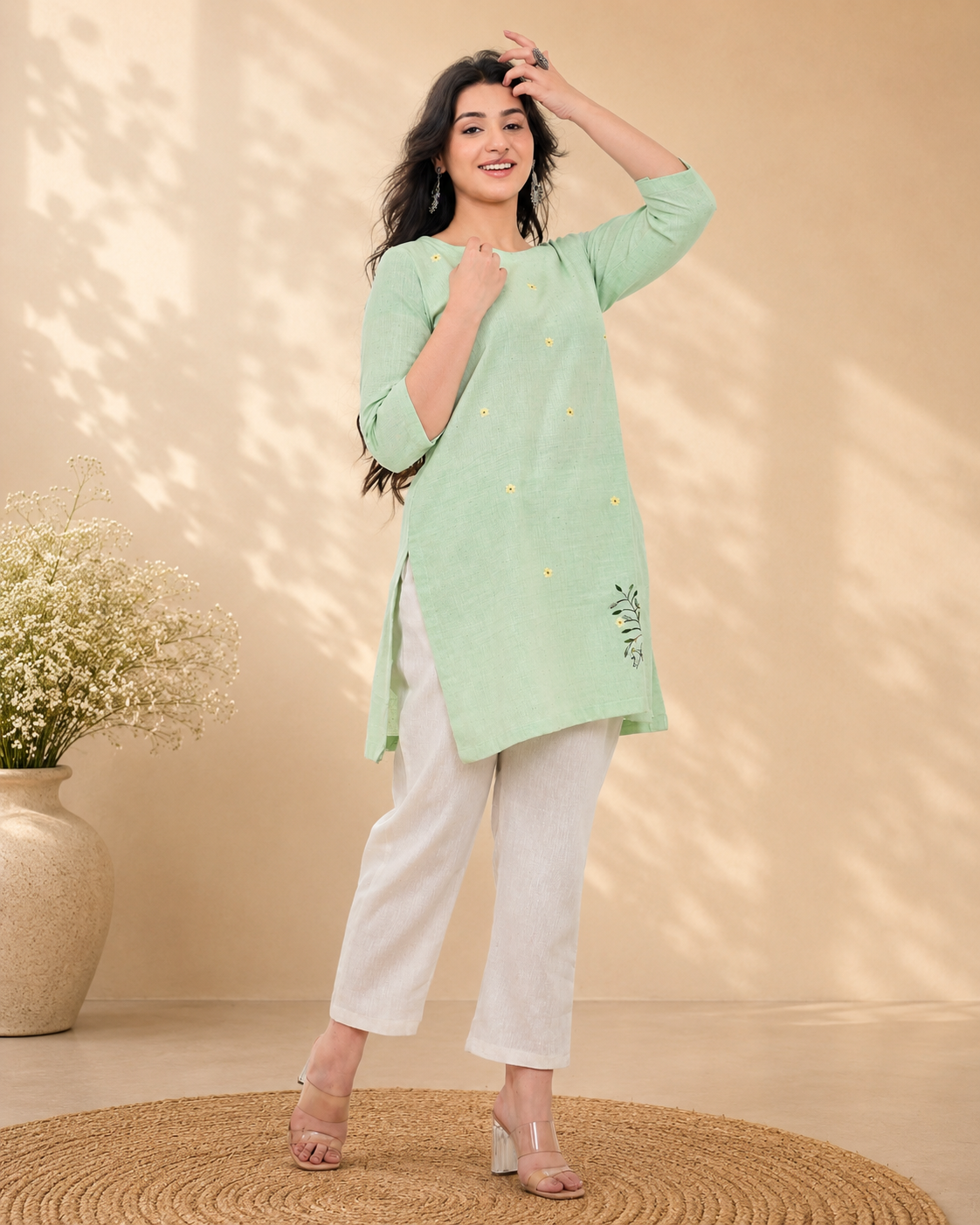 Pista Green Handwoven Khadi Tunic Dress with Minimal Embroidery
