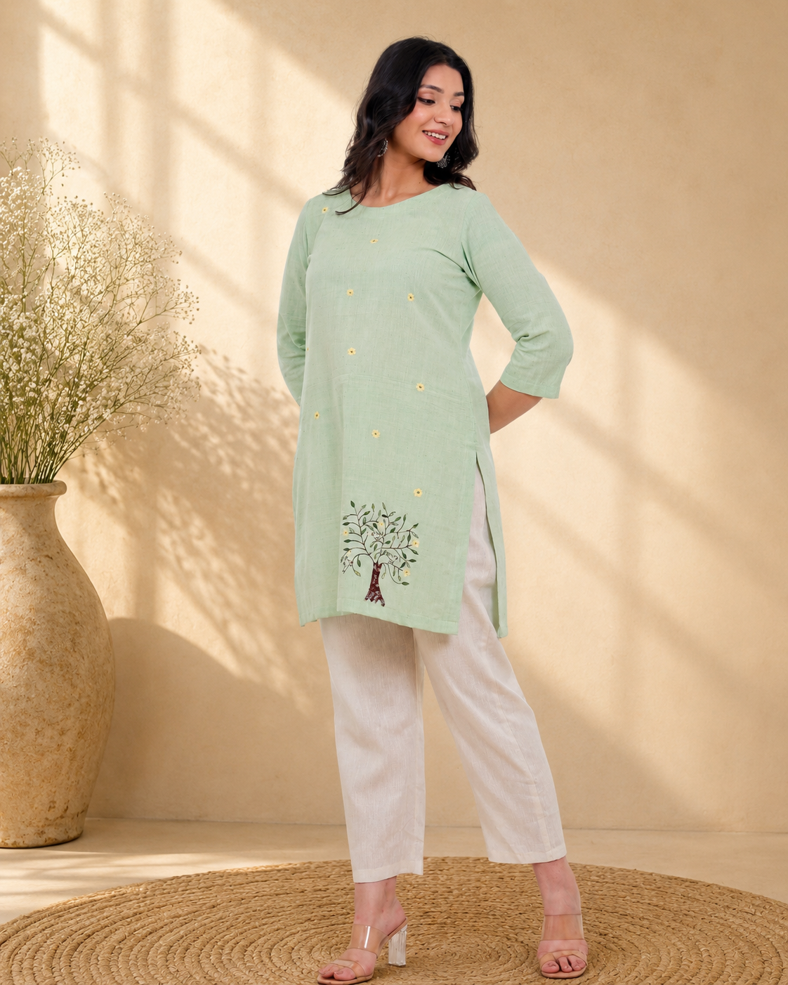 Pista Green Handwoven Khadi Tunic Dress with Minimal Embroidery