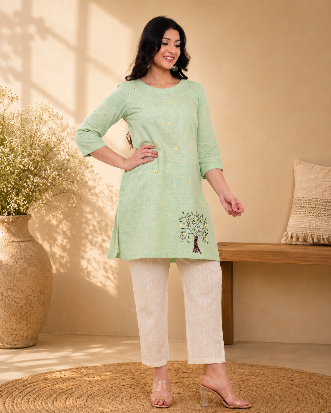 Pista Green Handwoven Khadi Tunic Dress with Minimal Embroidery