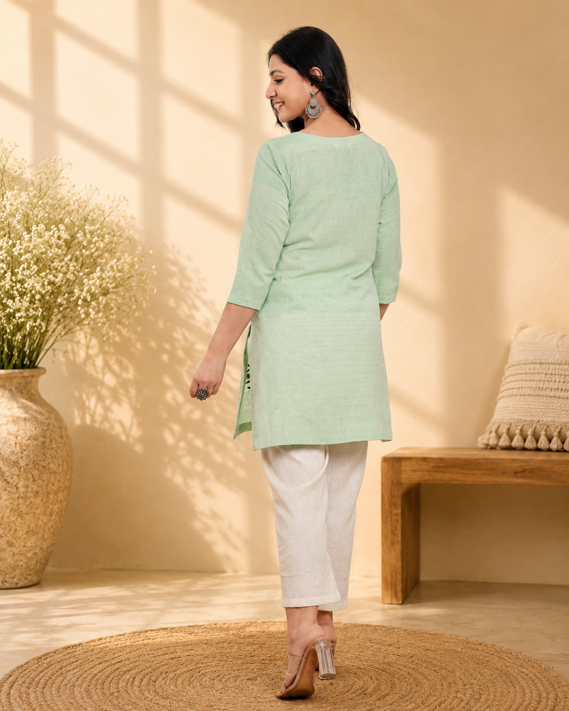 Pista Green Handwoven Khadi Tunic Dress with Minimal Embroidery
