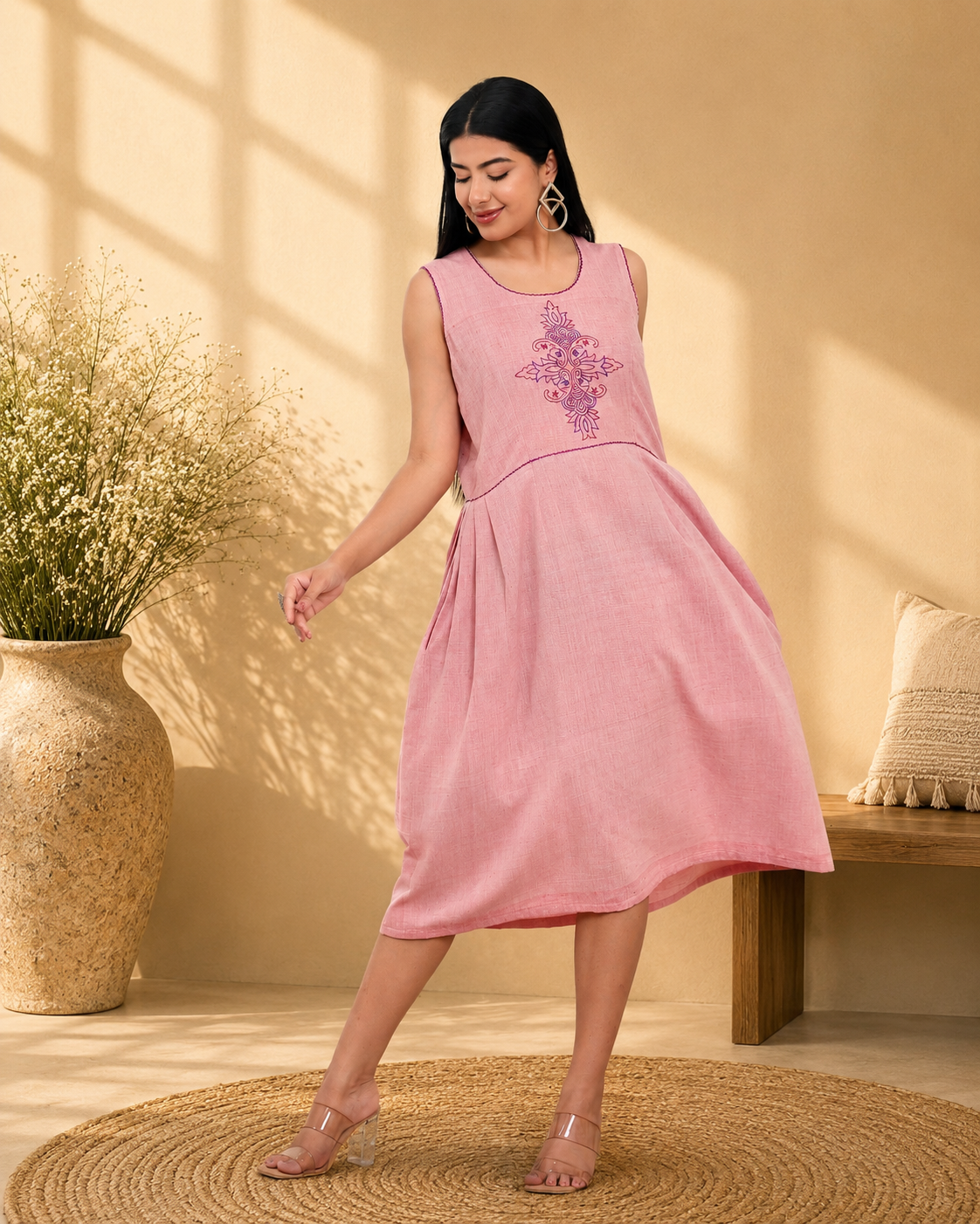 Blush Pink Handwoven Khadi Sleeveless Dress with Hand Embroidery