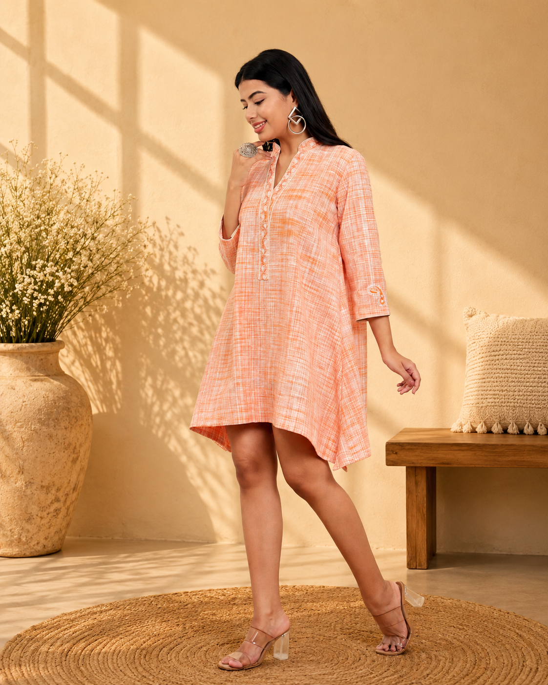 Soft Orange Handwoven Khadi Asymmetrical Tunic Dress with Embroidery