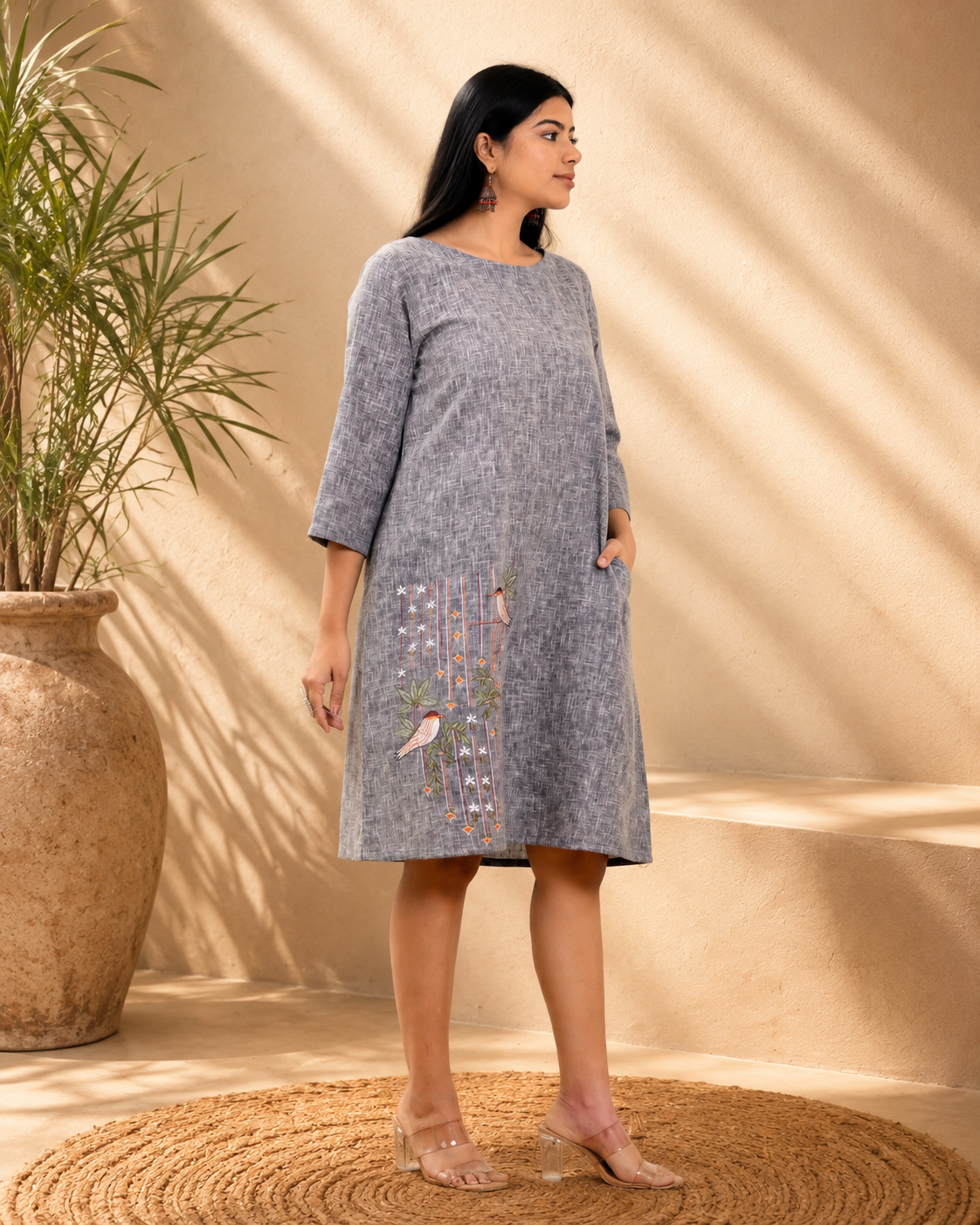 Bluish Grey Linen Blend Tunic Dress with Embroidery & Applique Work