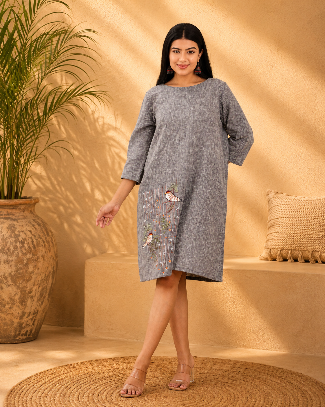 Bluish Grey Linen Blend Tunic Dress with Embroidery & Applique Work