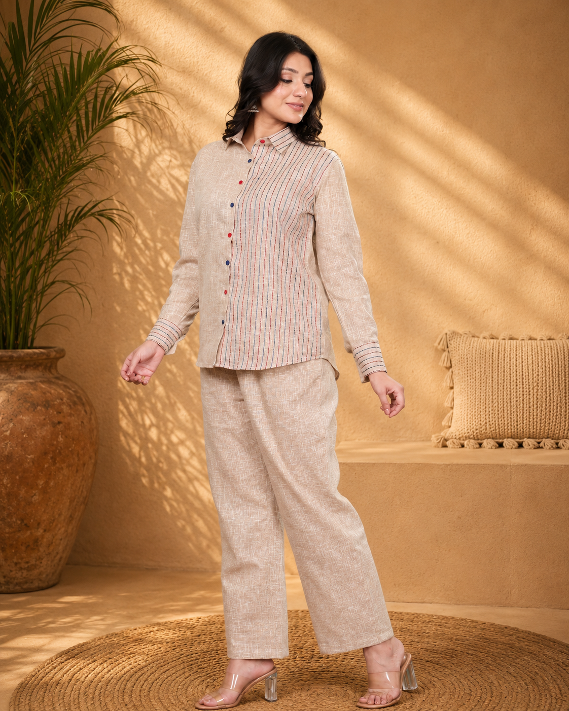 Beige Linen Blend Long Dress with Floral Motif Embroidery