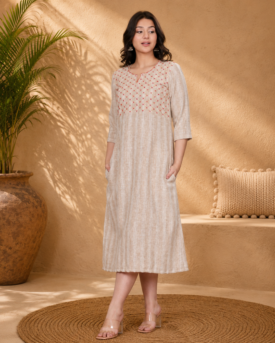 Beige Linen Blend Long Dress with Hand Embroidered Yoke