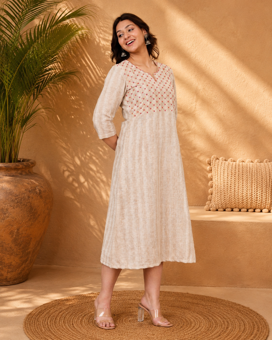 Beige Linen Blend Long Dress with Hand Embroidered Yoke
