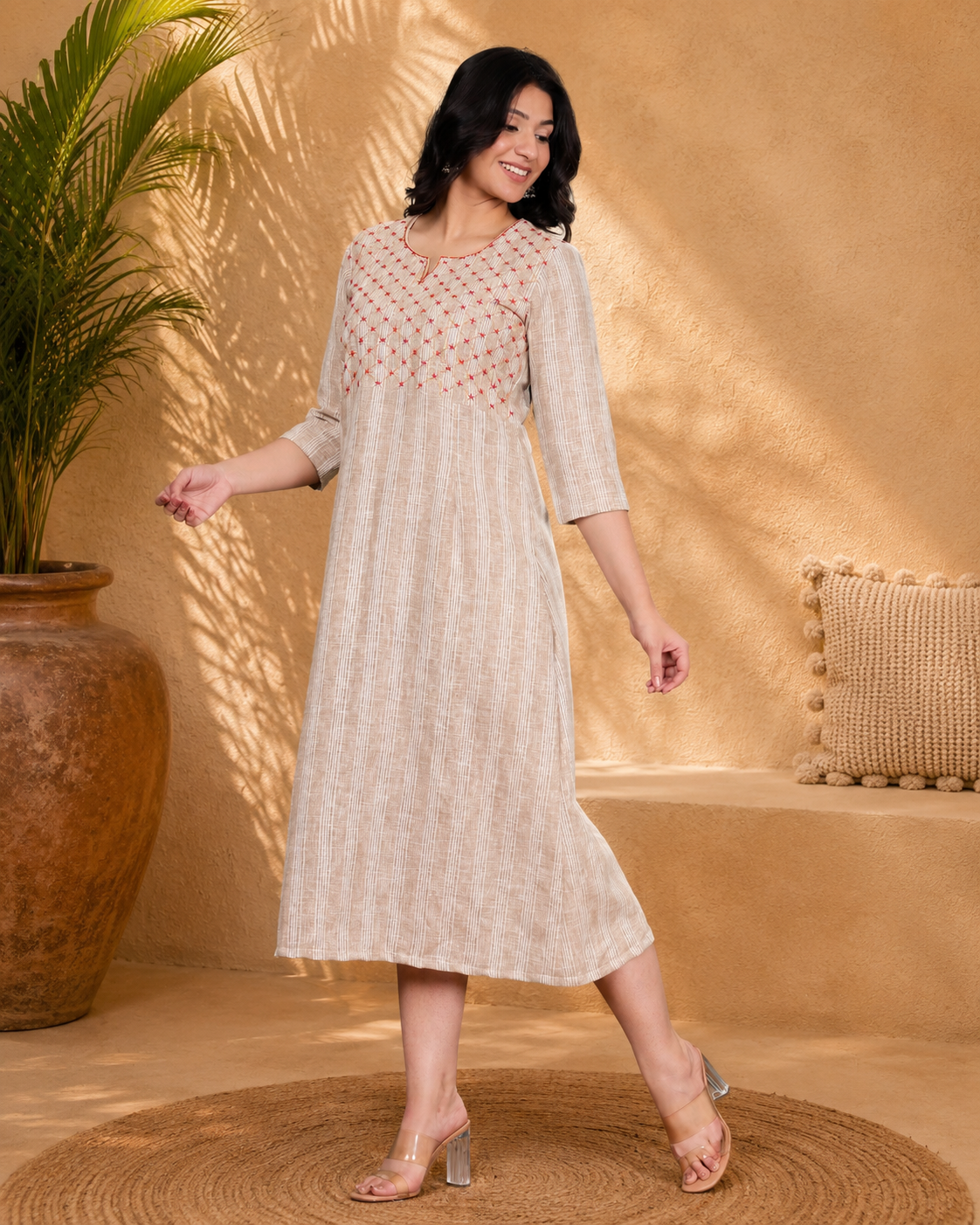 Beige Linen Blend Long Dress with Hand Embroidered Yoke