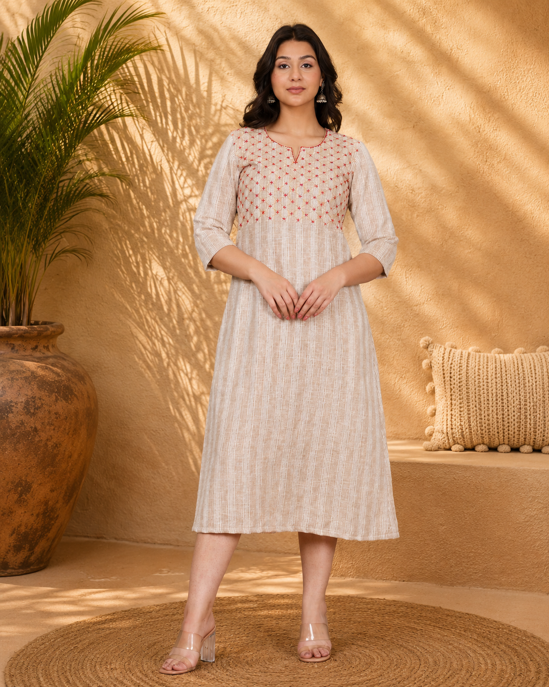Beige Linen Blend Long Dress with Hand Embroidered Yoke