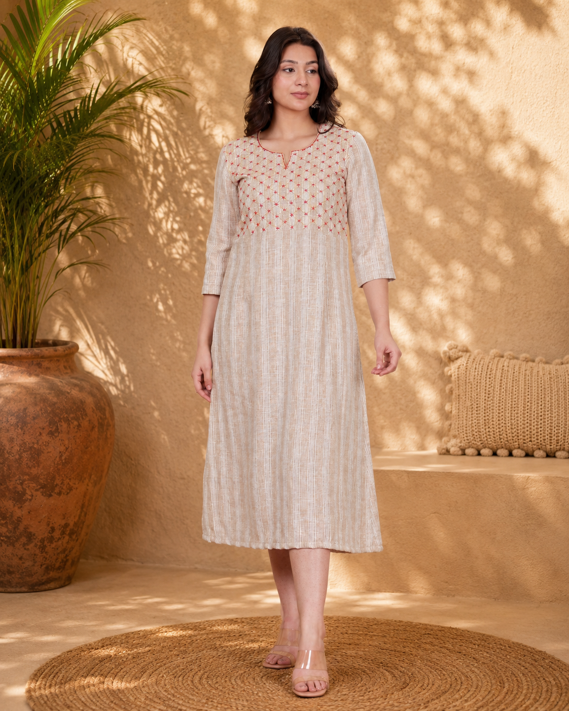 Beige Linen Blend Long Dress with Hand Embroidered Yoke