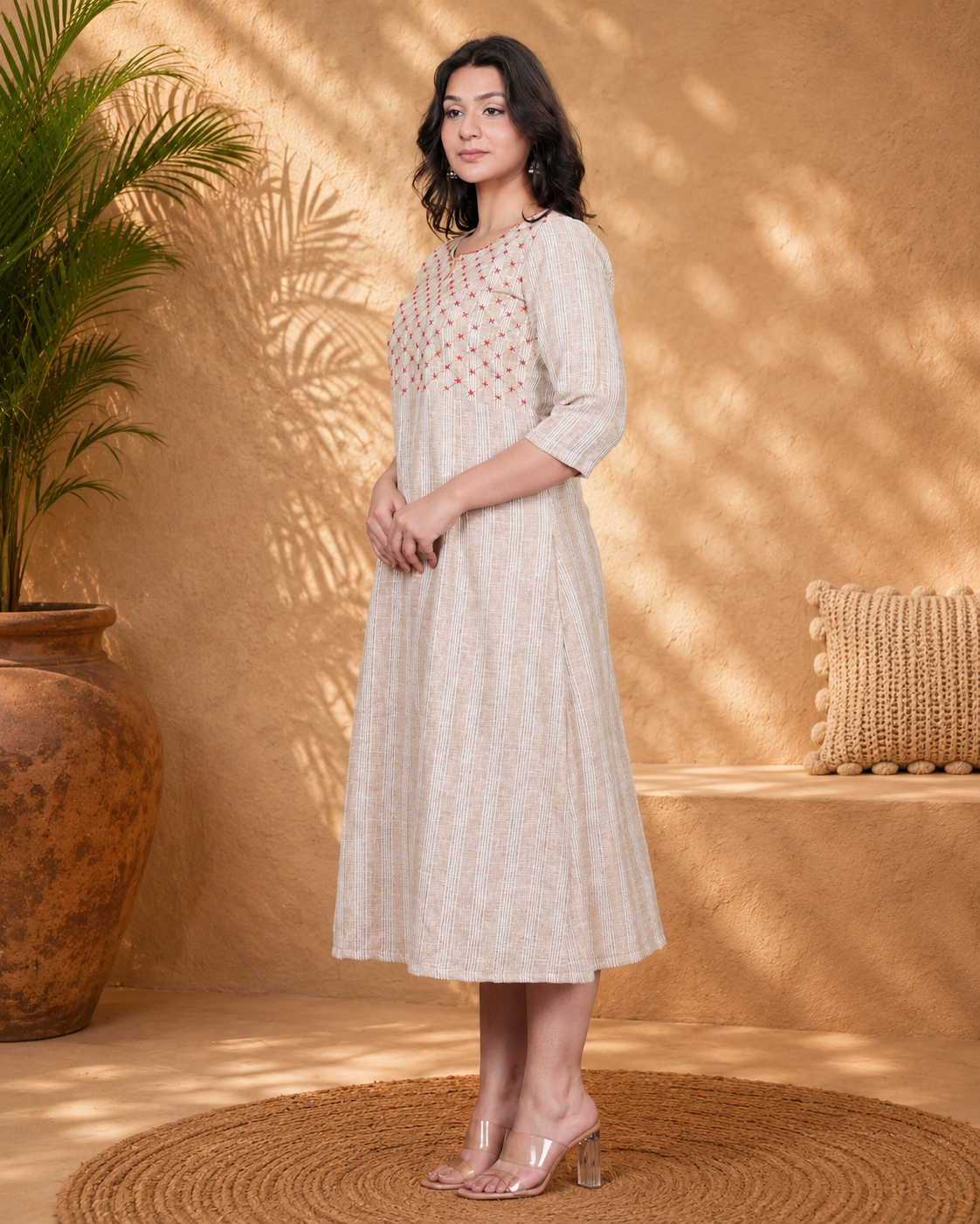 Beige Linen Blend Long Dress with Hand Embroidered Yoke