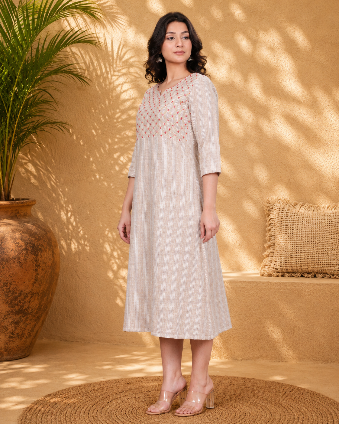 Beige Linen Blend Long Dress with Hand Embroidered Yoke