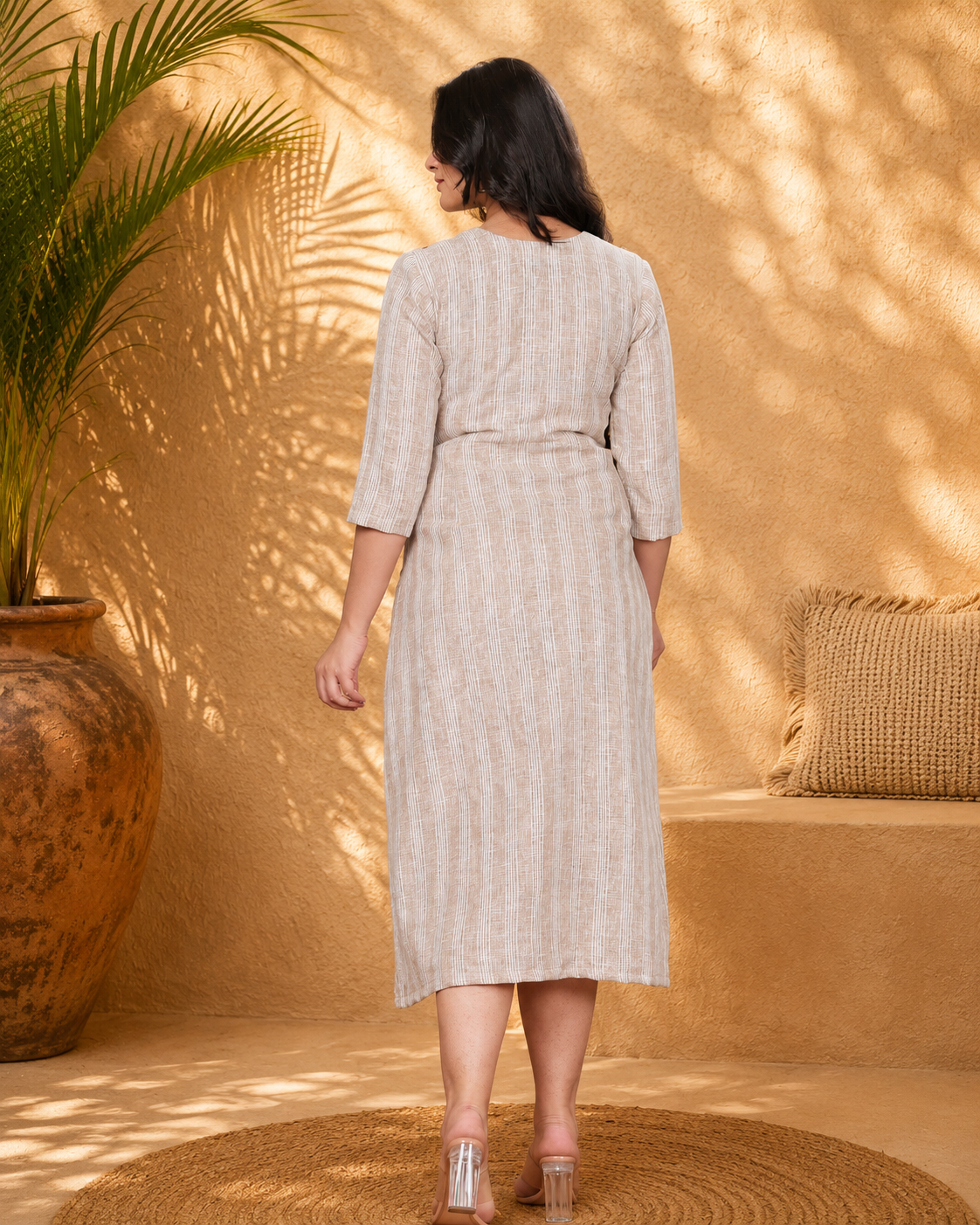 Beige Linen Blend Long Dress with Hand Embroidered Yoke