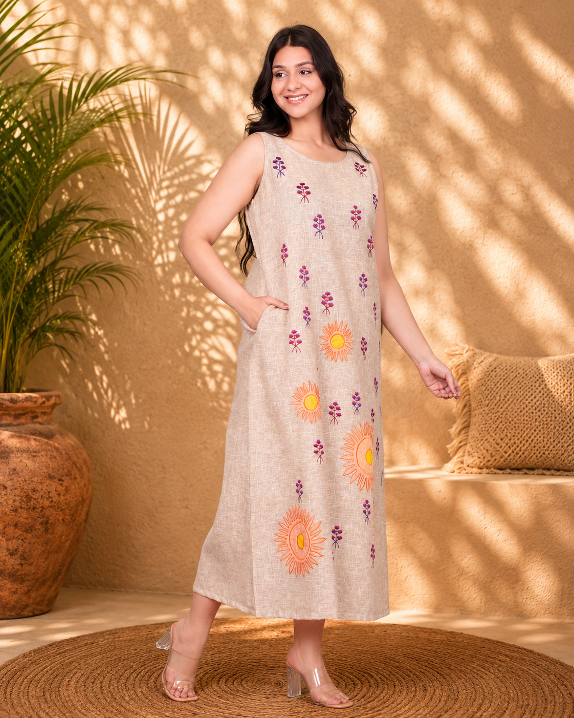 Beige Linen Blend Long Dress with Applique Work & Embroidery