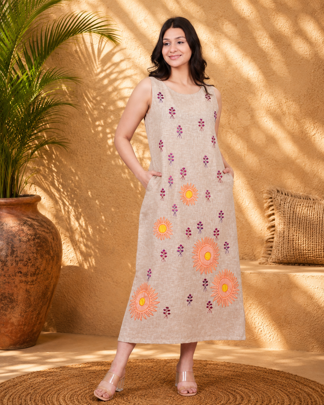 Beige Linen Blend Long Dress with Applique Work & Embroidery