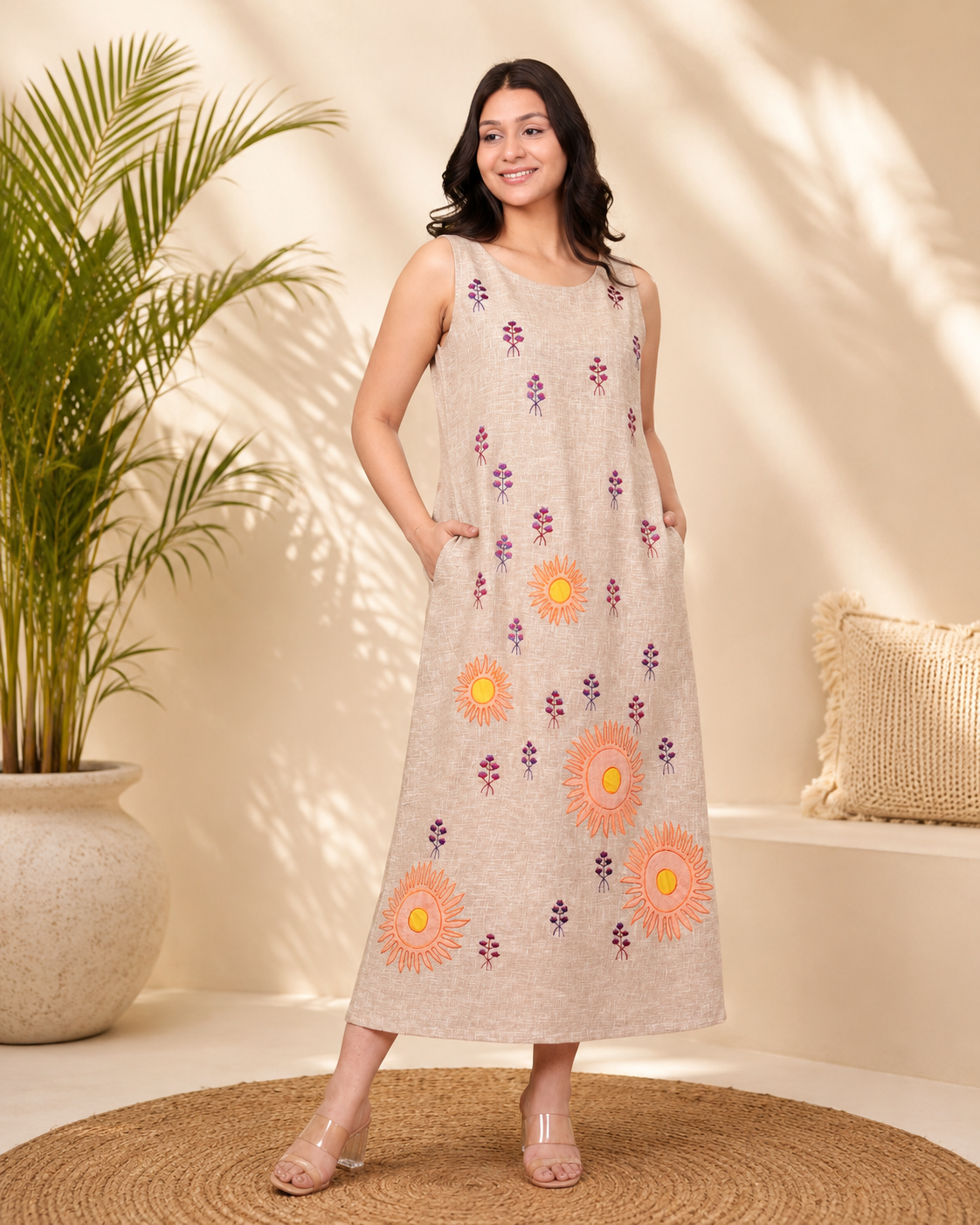 Beige Linen Blend Long Dress with Applique Work & Embroidery