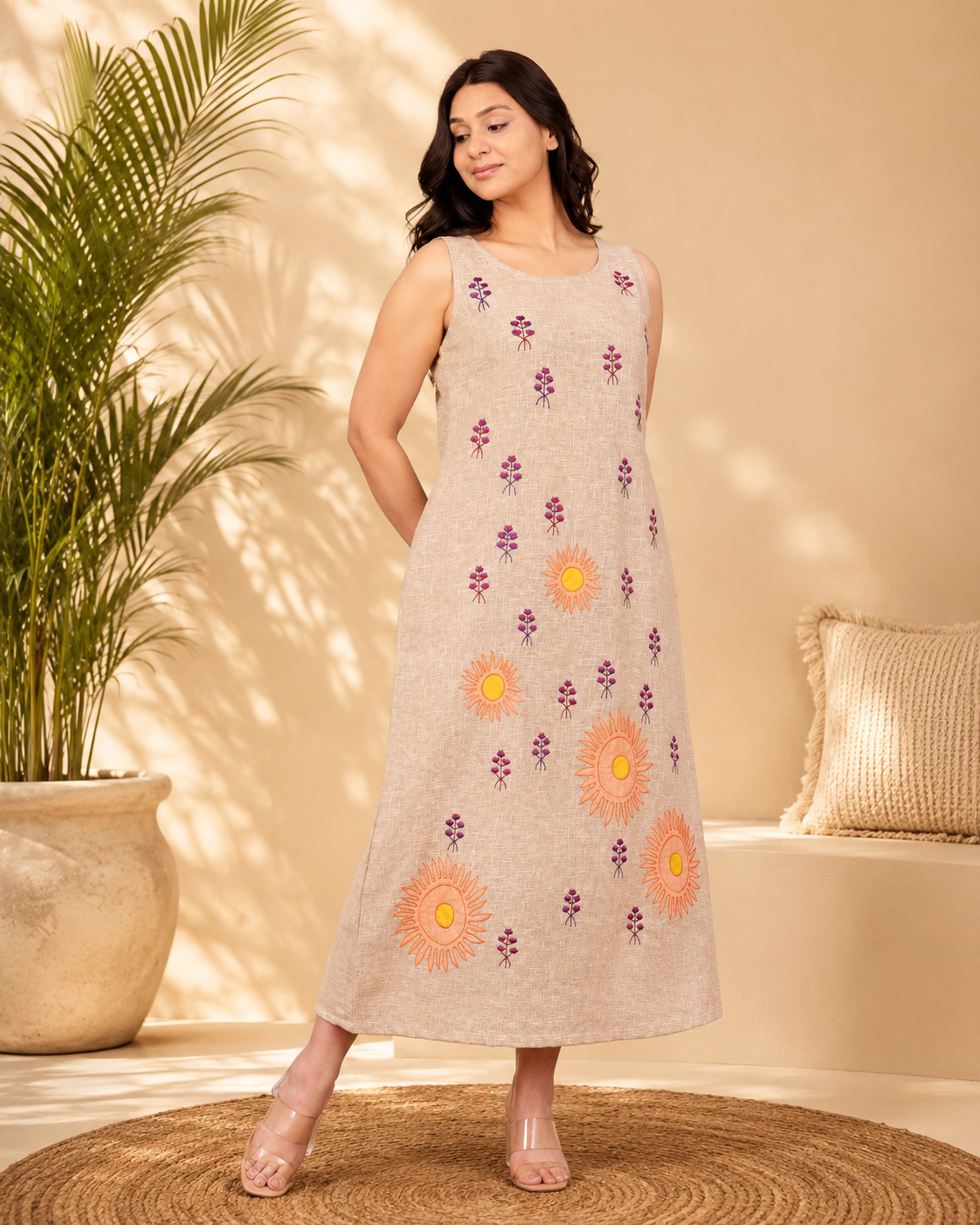 Beige Linen Blend Long Dress with Applique Work & Embroidery