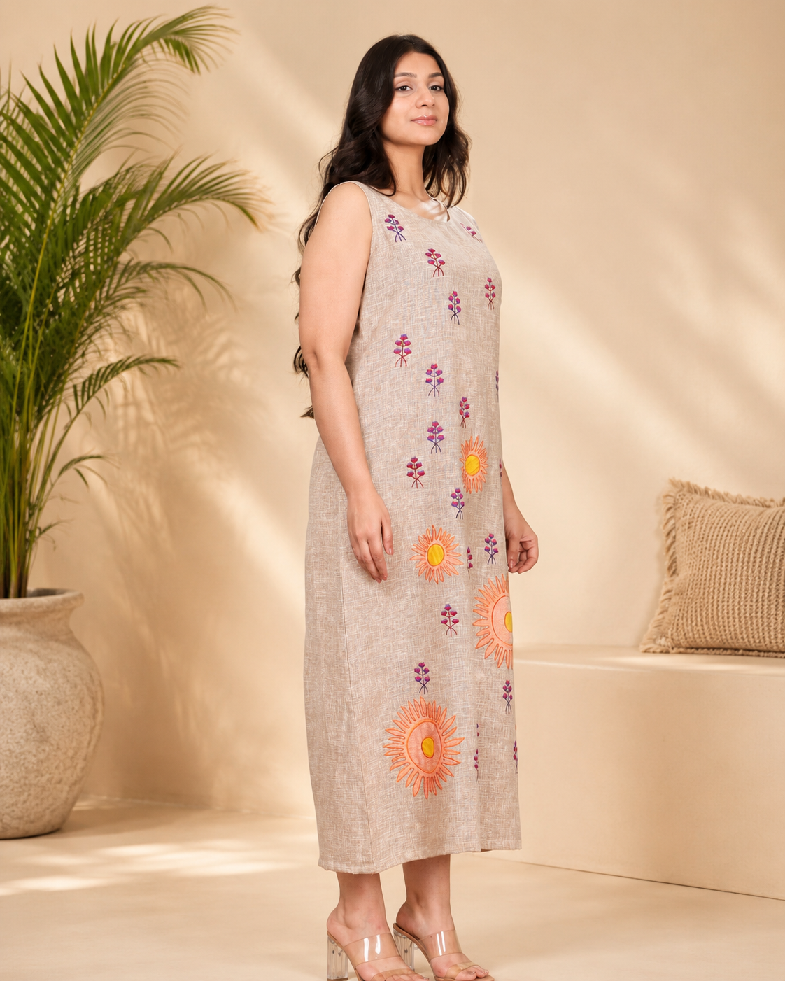 Beige Linen Blend Long Dress with Applique Work & Embroidery