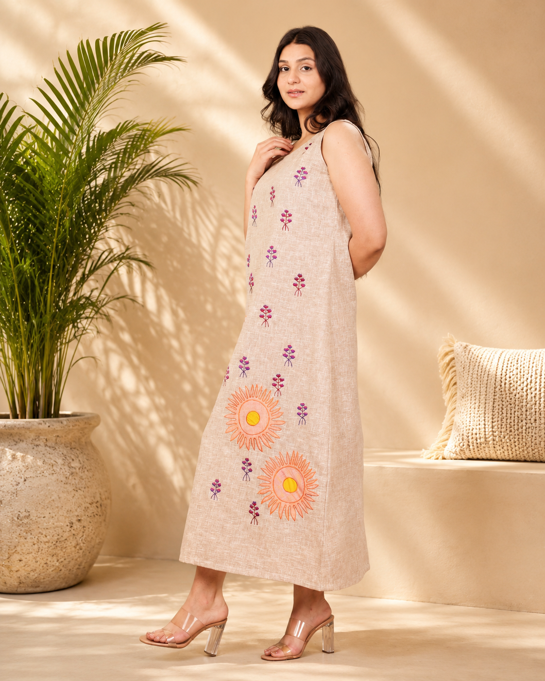 Beige Linen Blend Long Dress with Applique Work & Embroidery