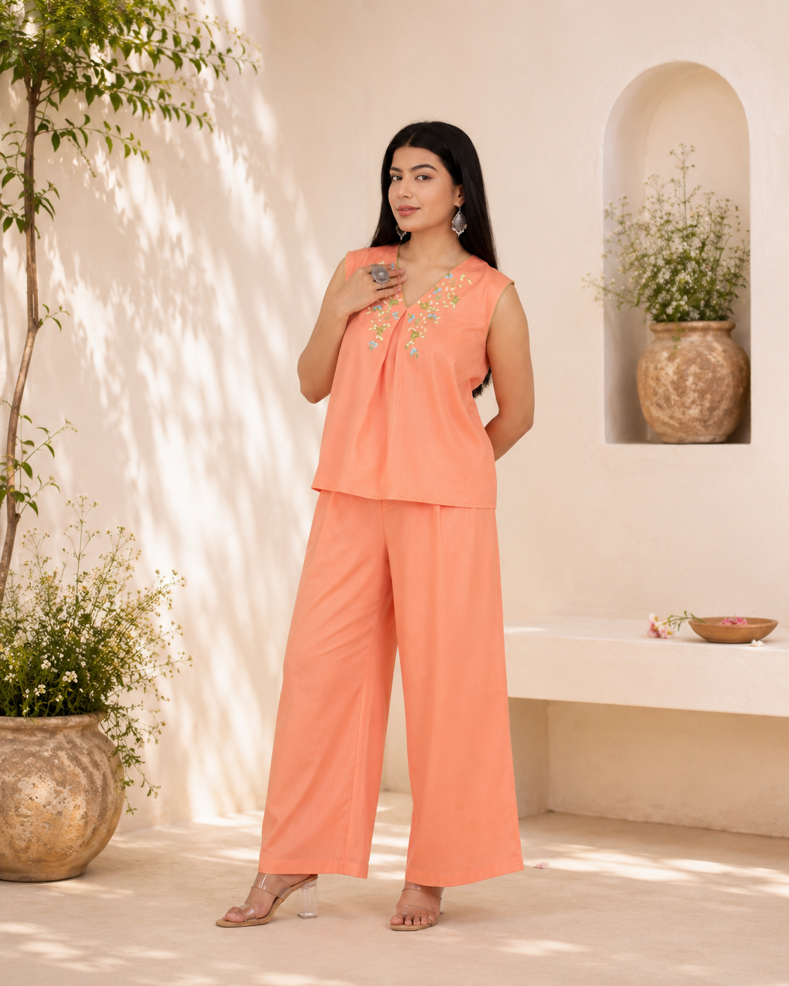 Soft Coral Peach Hand Embroidered Linen Blend Co-ord Set
