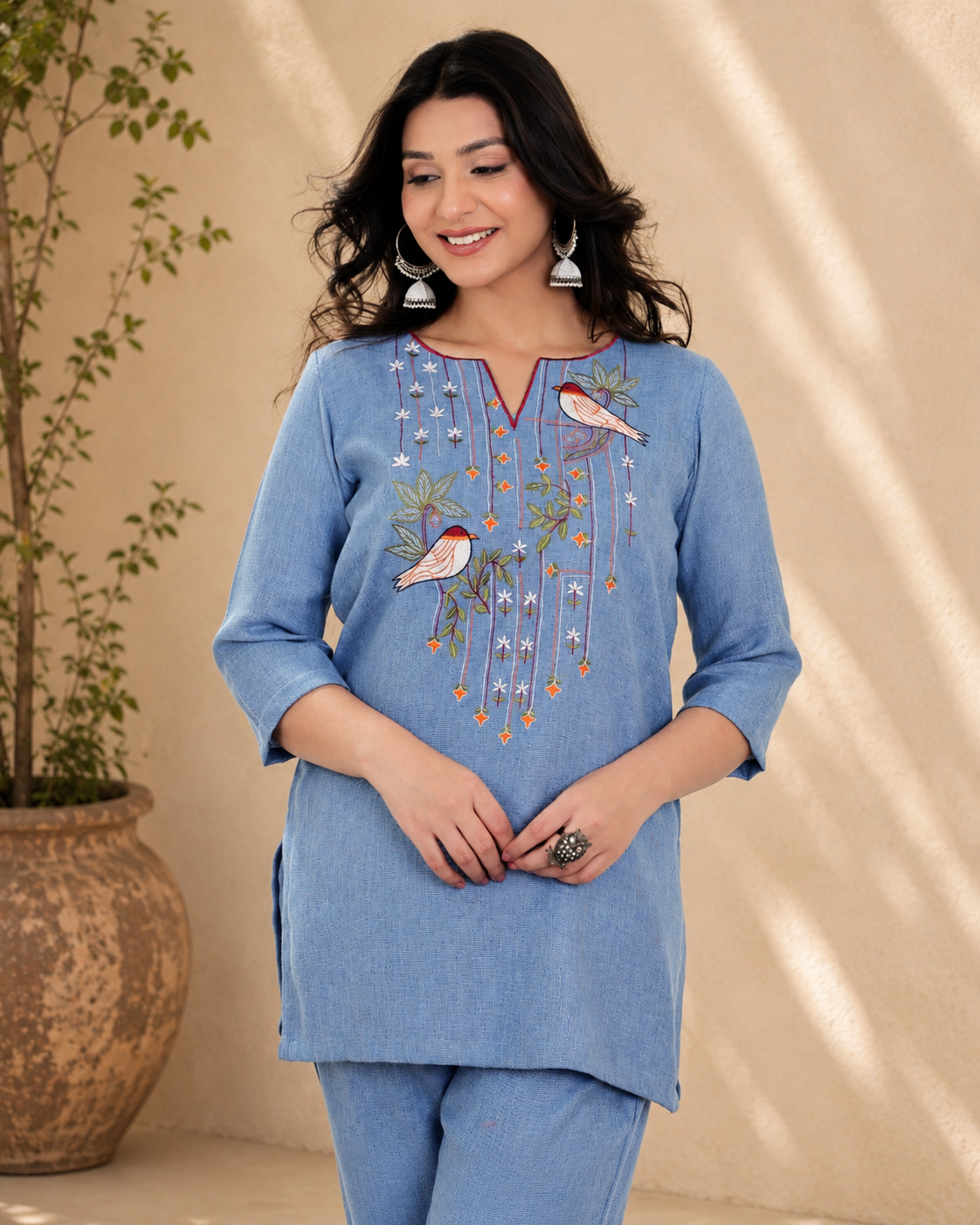 Blue Linen Blend Co-ord Set with Embroidery & Applique Work