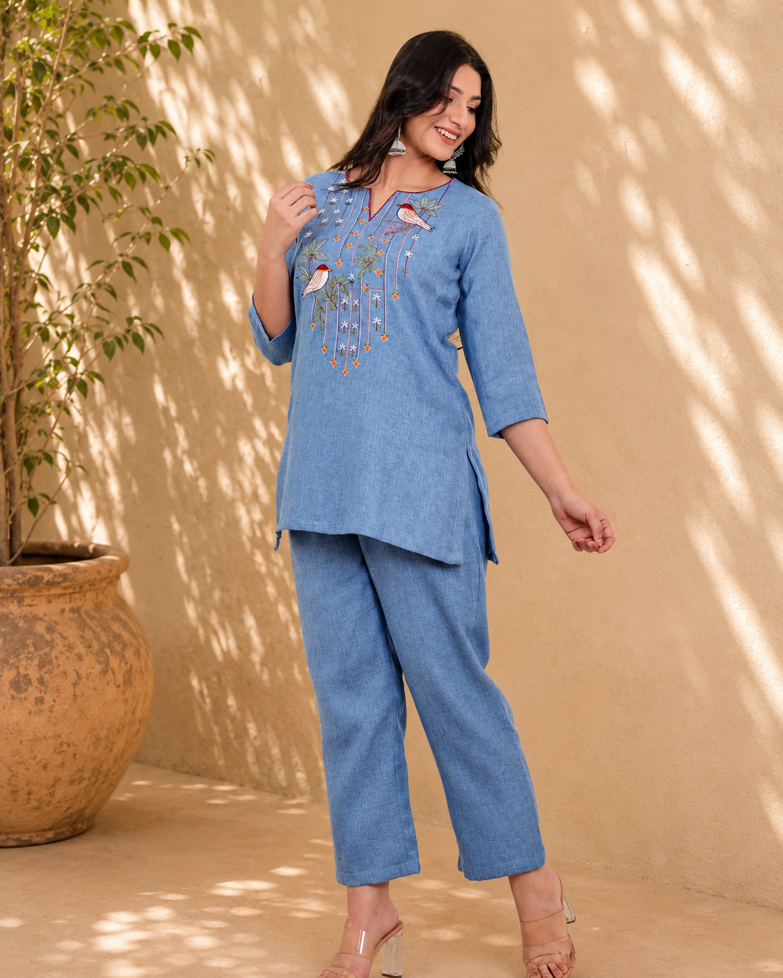 Blue Linen Blend Co-ord Set with Embroidery & Applique Work