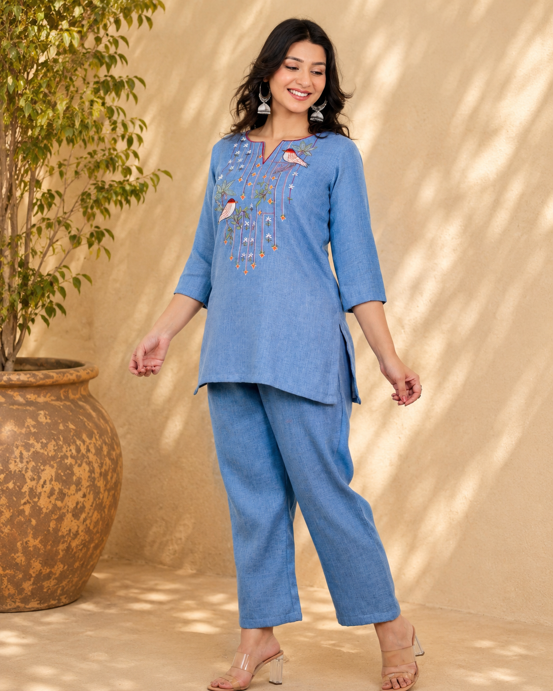 Blue Linen Blend Co-ord Set with Embroidery & Applique Work