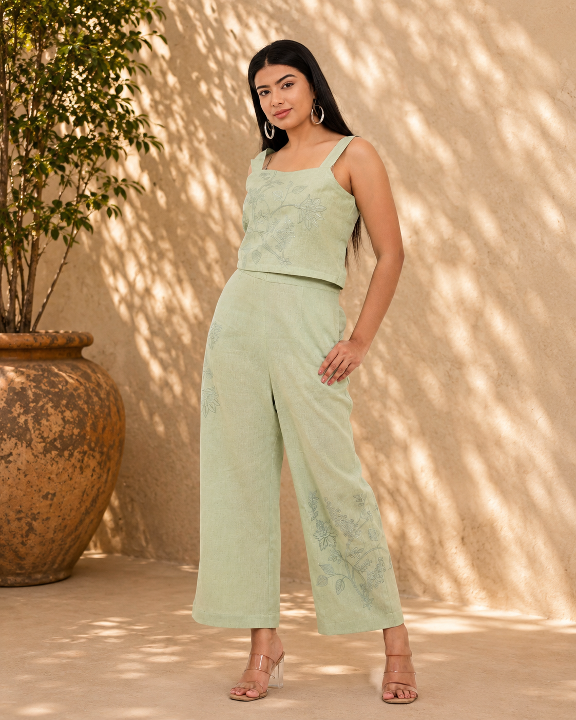Pista Green Handwoven Khadi Co-ord Set with Tonal Embroidery