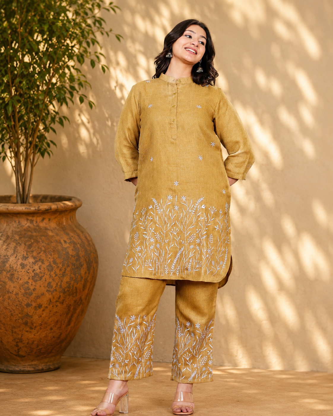 Mustard Linen Blend Co-ord Set with Floral Motif Embroidery