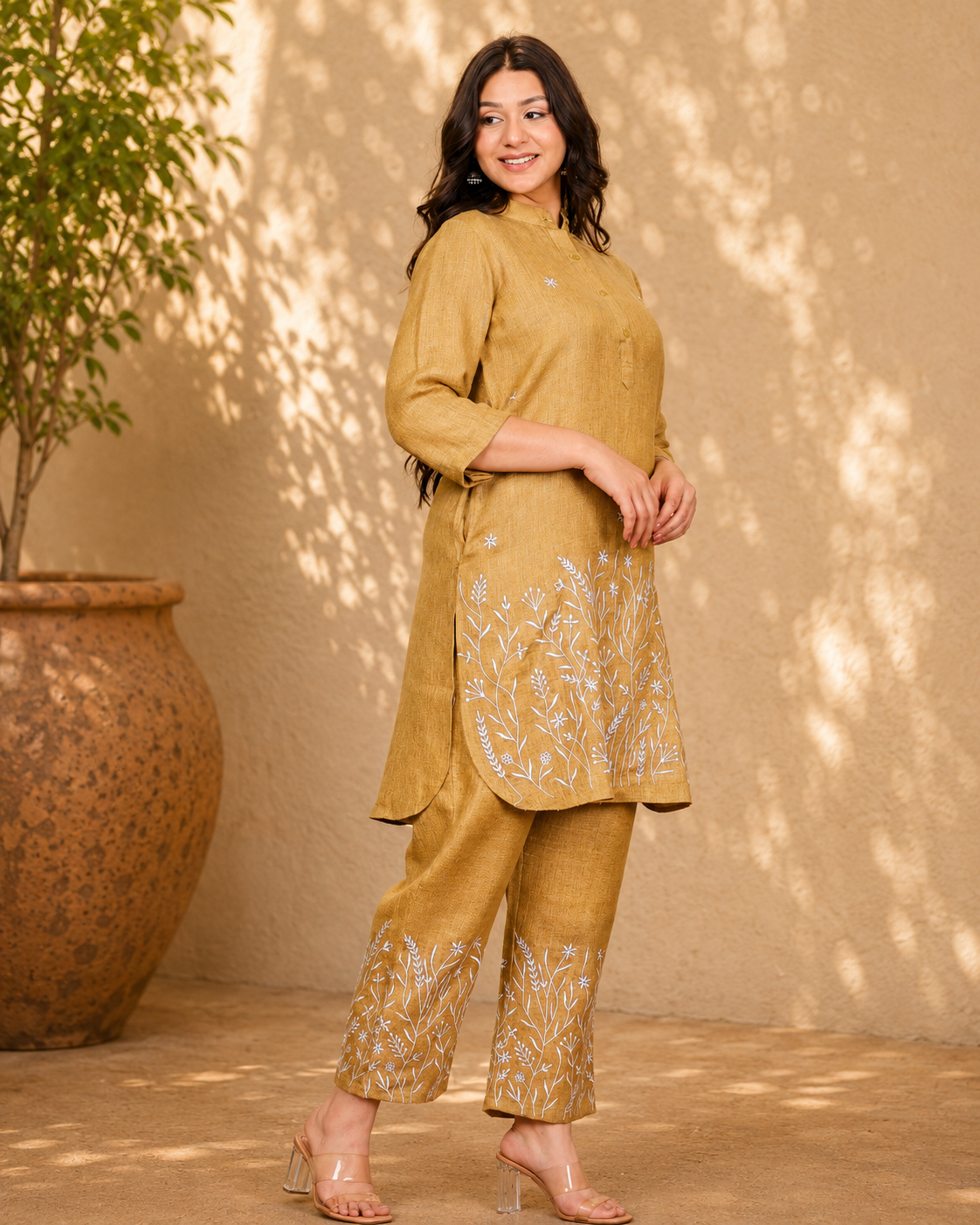 Mustard Linen Blend Co-ord Set with Floral Motif Embroidery