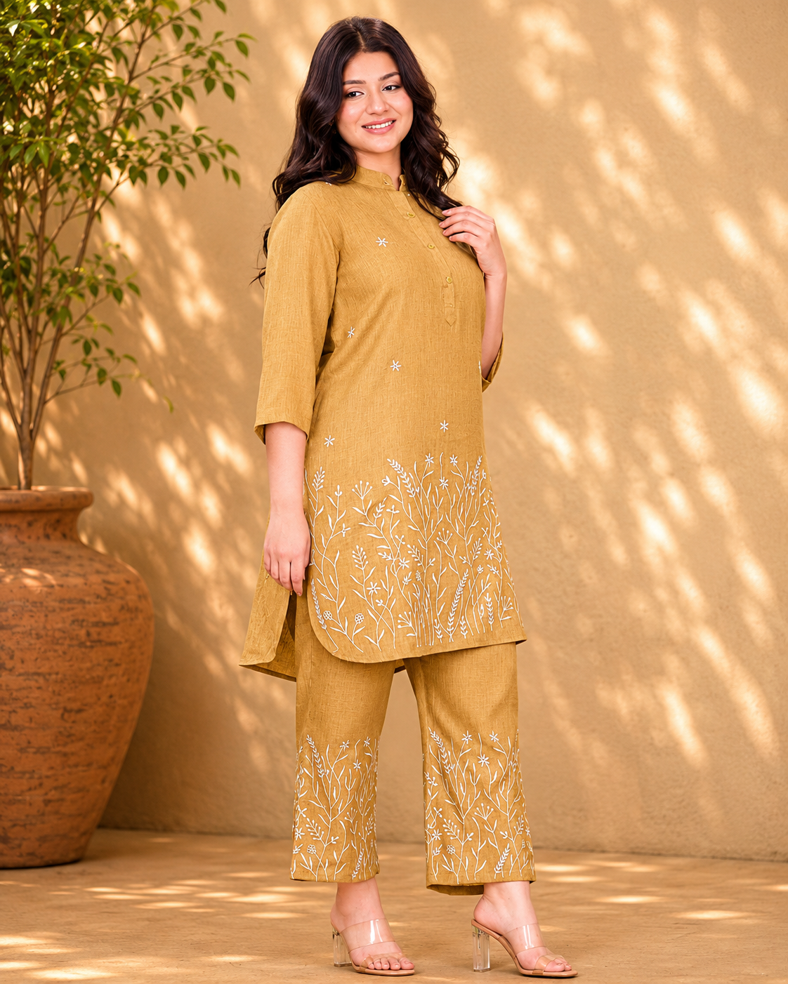 Mustard Linen Blend Co-ord Set with Floral Motif Embroidery