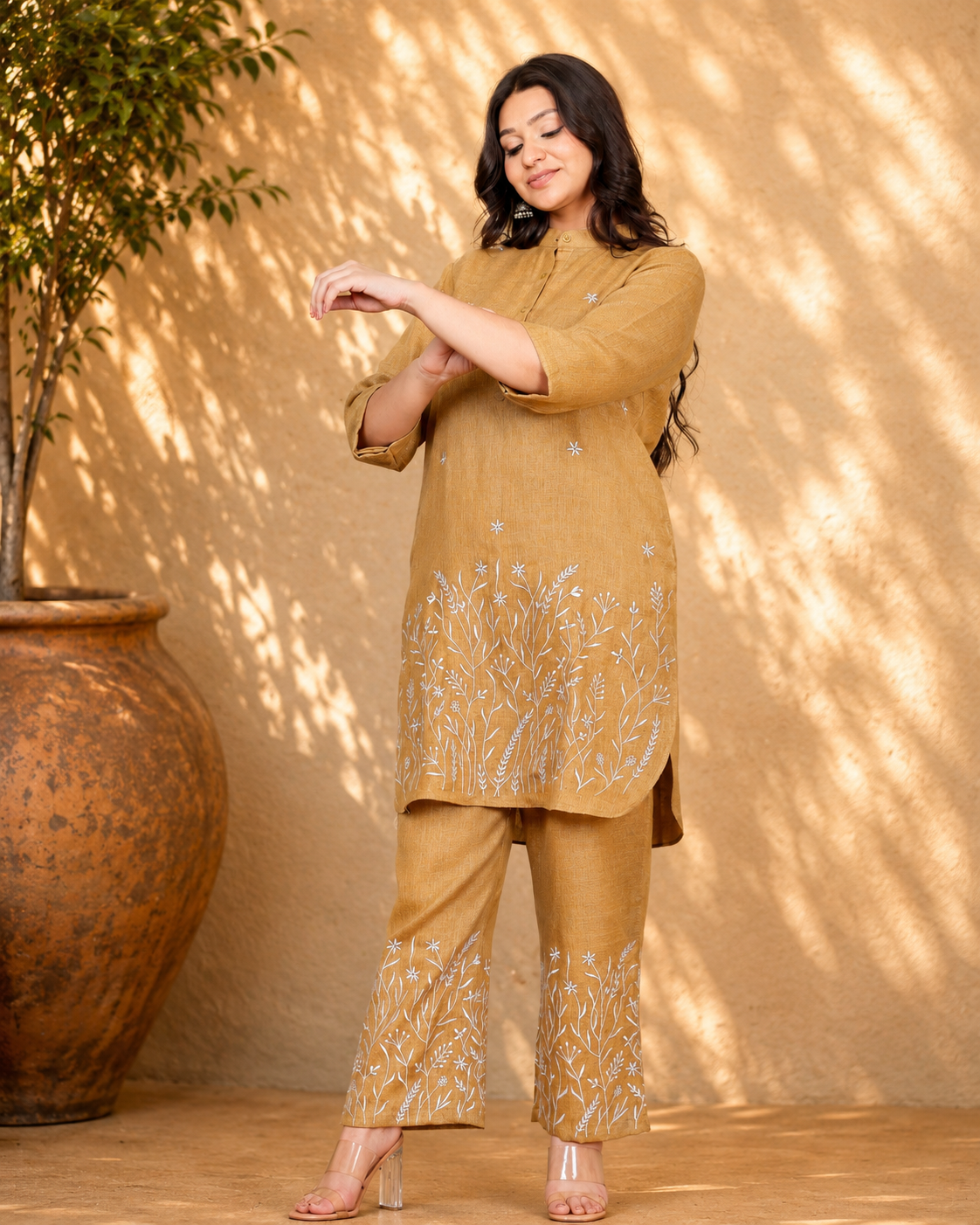 Mustard Linen Blend Co-ord Set with Floral Motif Embroidery