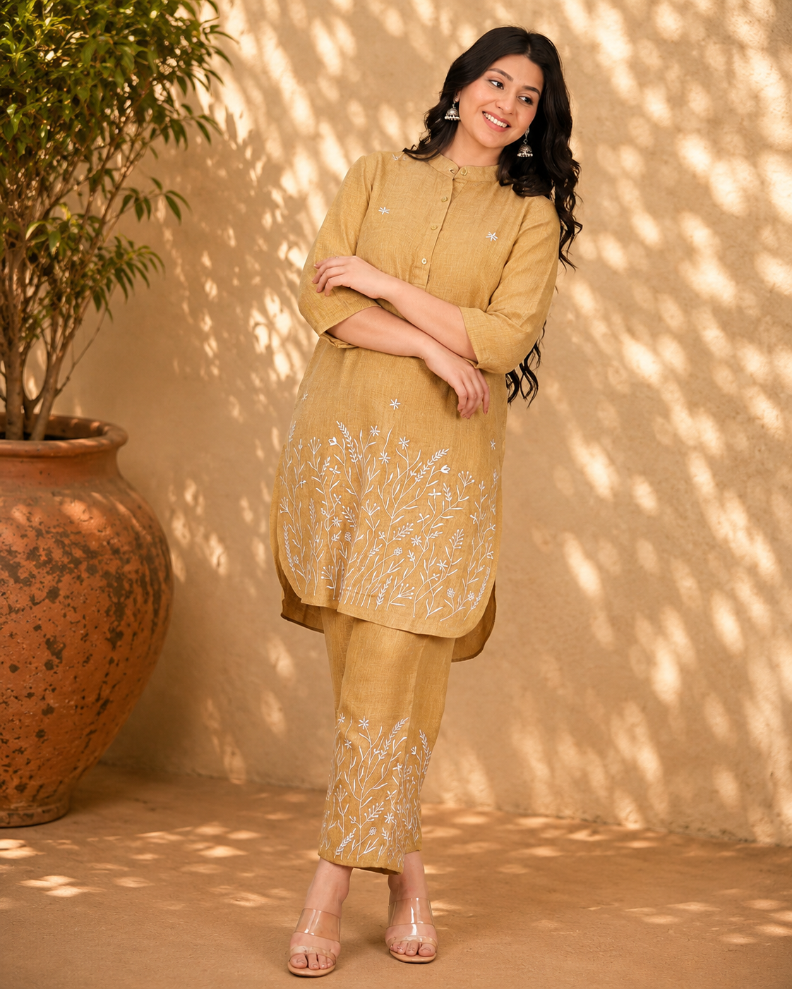 Mustard Linen Blend Co-ord Set with Floral Motif Embroidery
